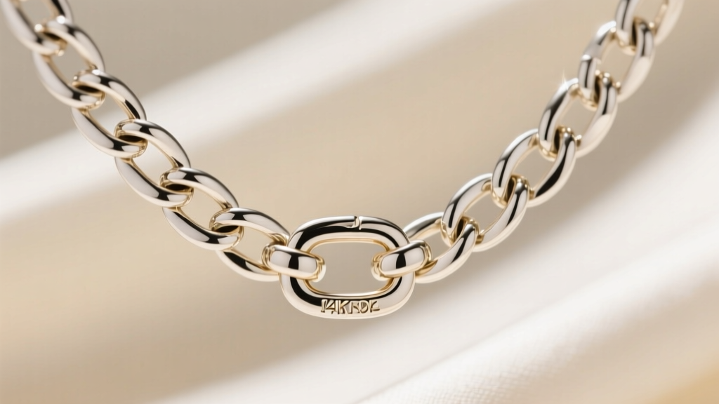 Macro shot of a 14k white gold box chain with a secure lobster clasp, highlighting the intricate metal links and polish.