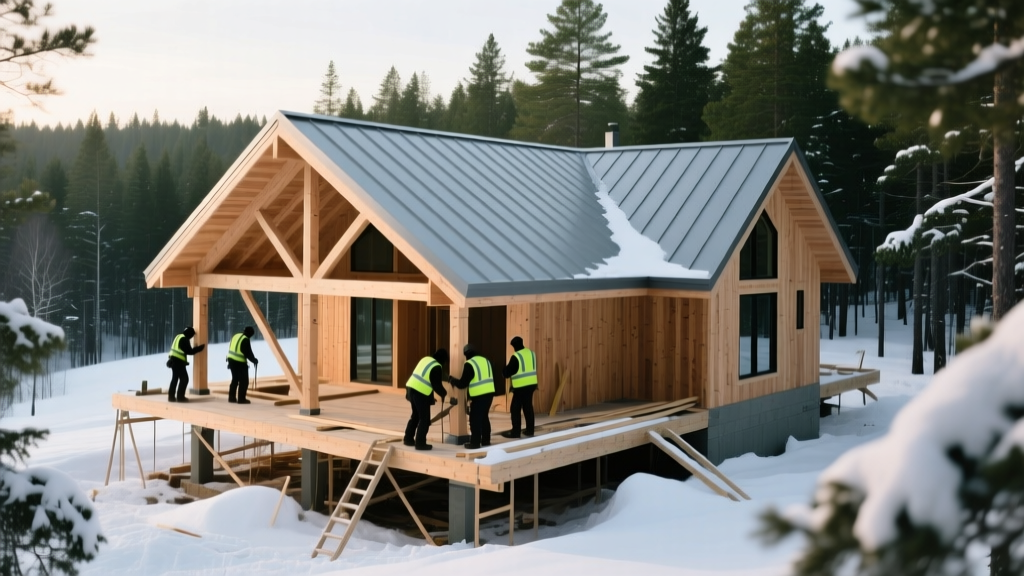 Modern timber-frame house with a standing seam metal roof under construction in a snowy Maine pine forest with framing crews