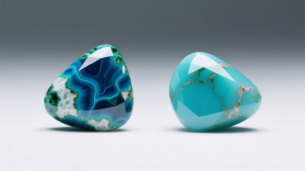 Natural and stabilized turquoise cabochons compared side-by-side under bright, neutral gemological studio lighting.