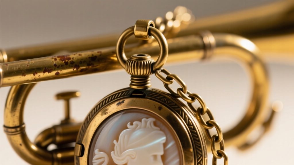 Close-up of an antique brass trombone clasp on a vintage cameo locket chain, showing the push-pull locking tube mechanism