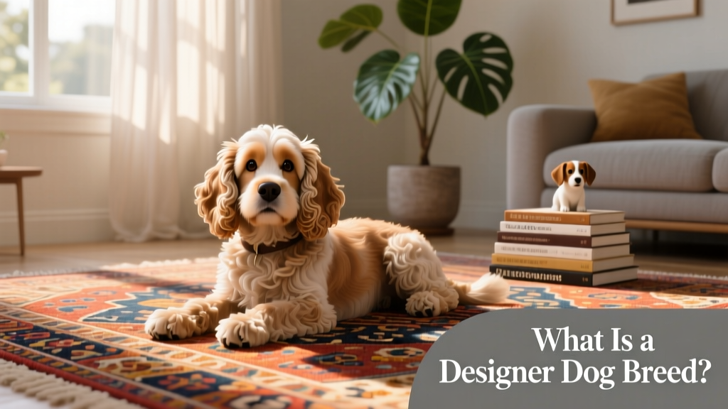 Cockapoo lying on a colorful rug at home