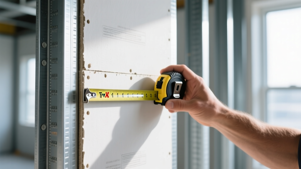 Contractor measuring a 5/8-inch Type X fire-rated gypsum board panel with a tape measure on a metal-framed commercial wall