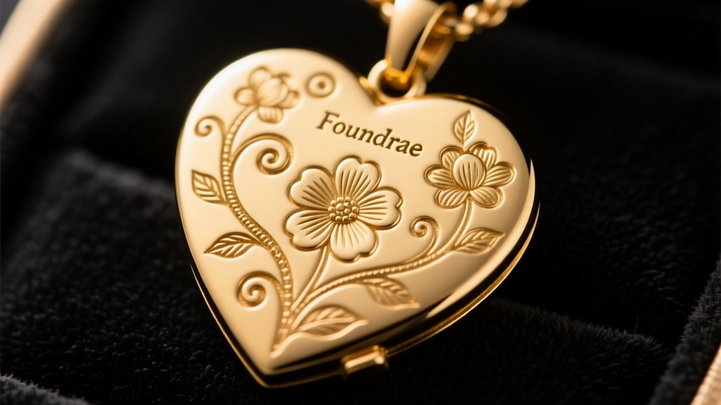 Macro shot of hand-engraved floral motifs on the solid 18k gold caseback of a Foundrae heart pendant, high contrast lighting.