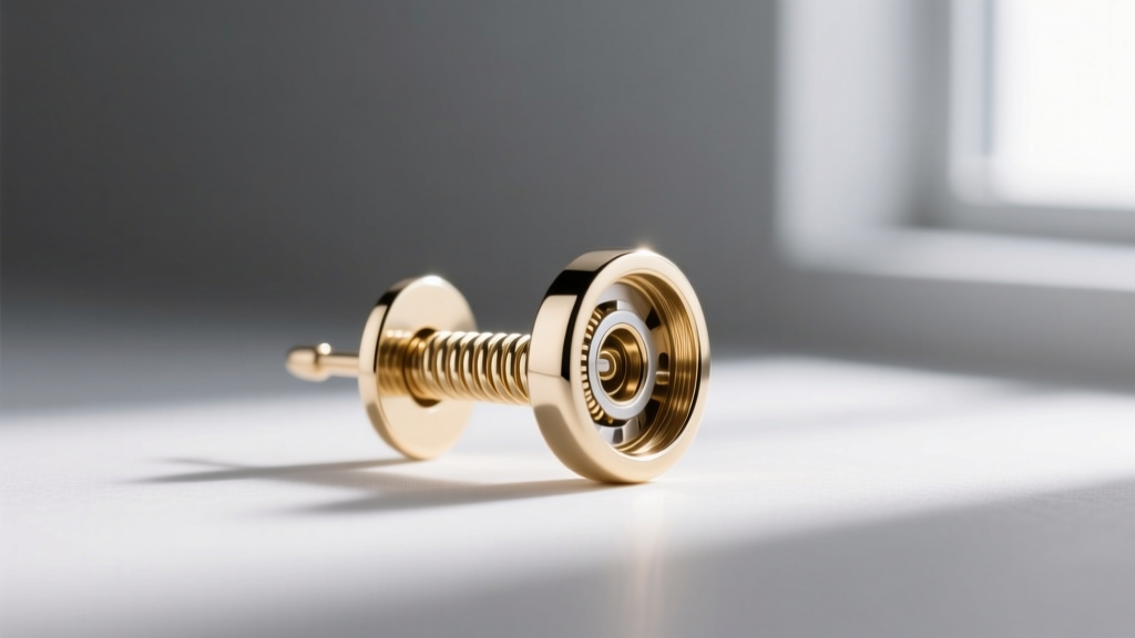 Macro view of an 18k white gold earring post with a secure La Pousette clutch mechanism, revealing the internal spring groove.
