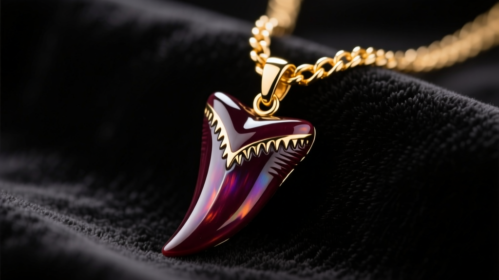 A polished dark burgundy megalodon shark tooth pendant on a thick gold chain, resting on black velvet under soft studio lighting.