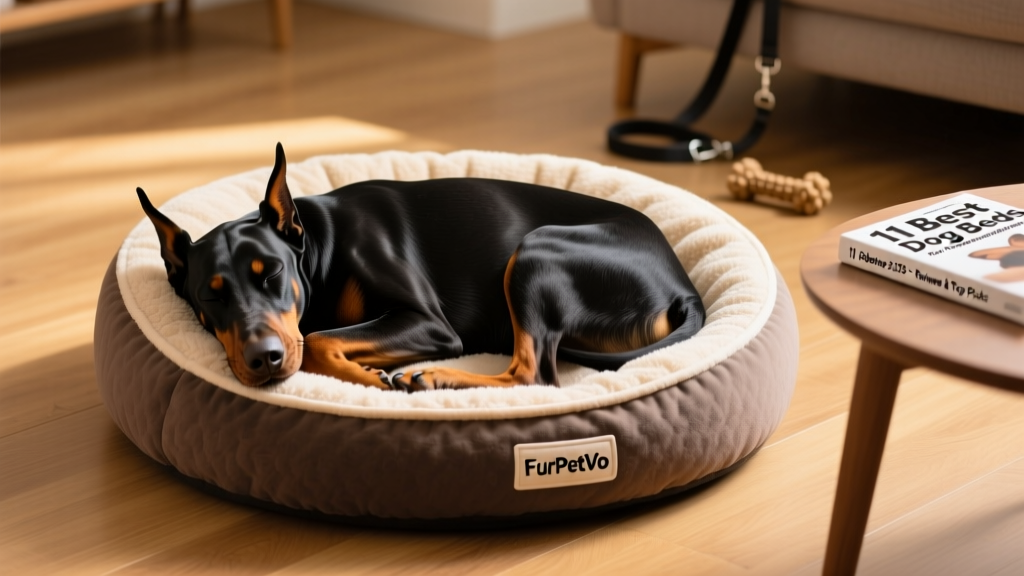 A Doberman curled up inside the FurPetVo donut-shaped bed, nestled against the plush raised rim