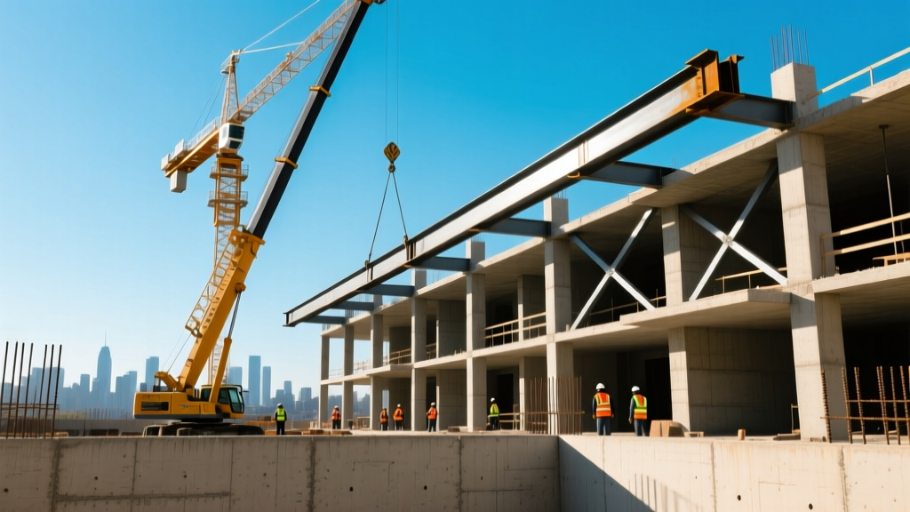 Tower crane lifting steel beams over exposed concrete framing of a mid-rise apartment complex construction site in a sunny urban setting.