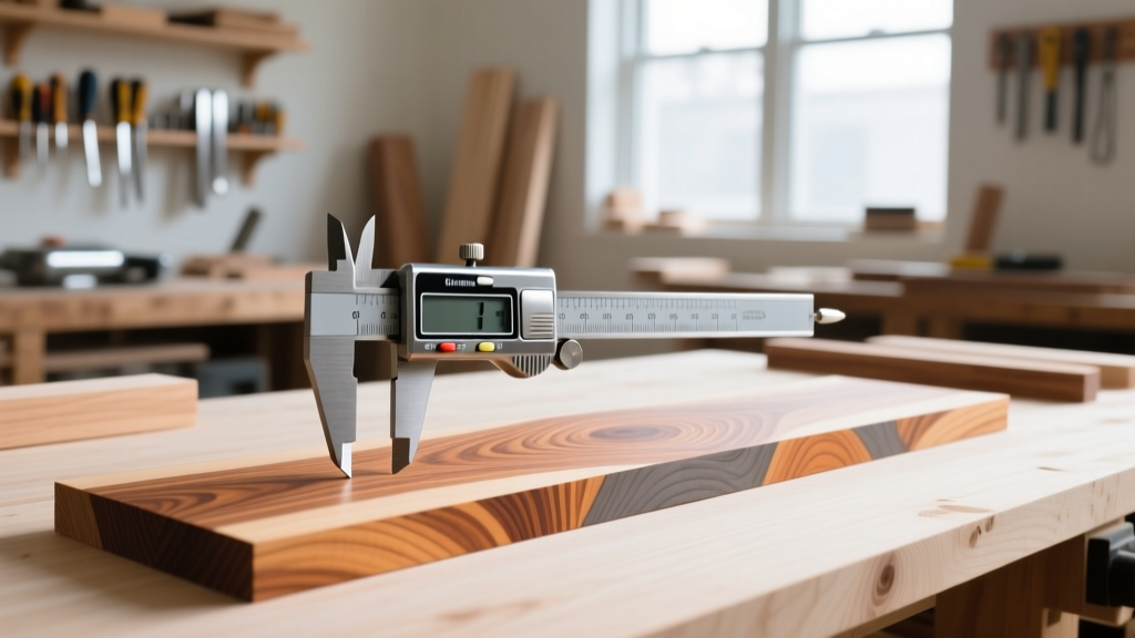 Digital caliper measuring a quartersawn hard maple board on a clean wooden workbench inside a bright professional woodworking shop.
