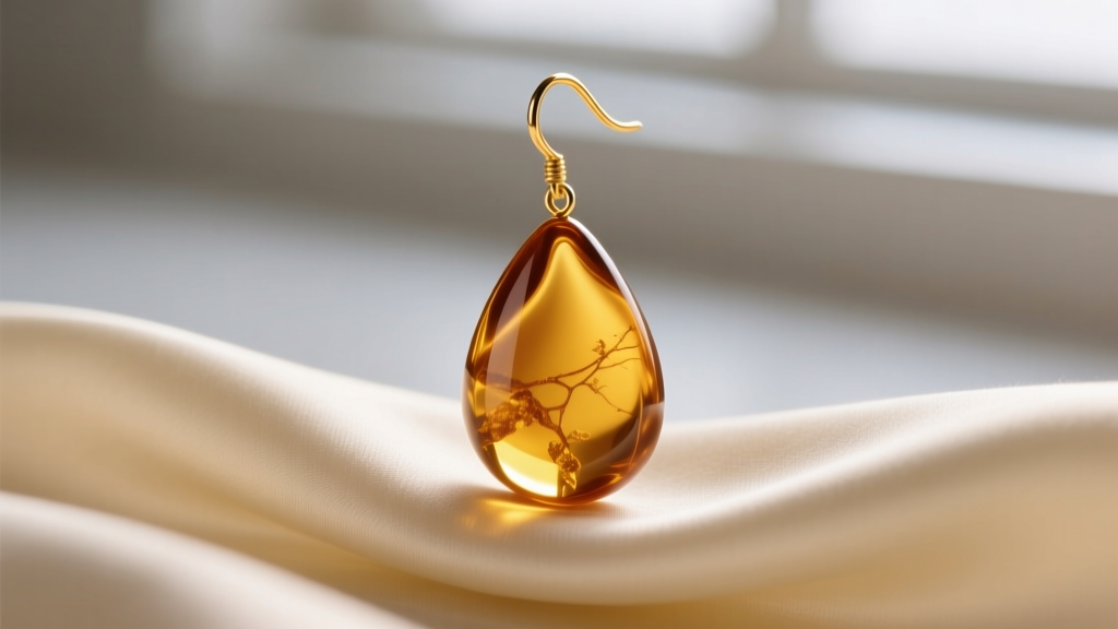 Macro shot of a teardrop Baltic amber earring on a gold hook, resting on cream silk fabric in warm, soft lighting