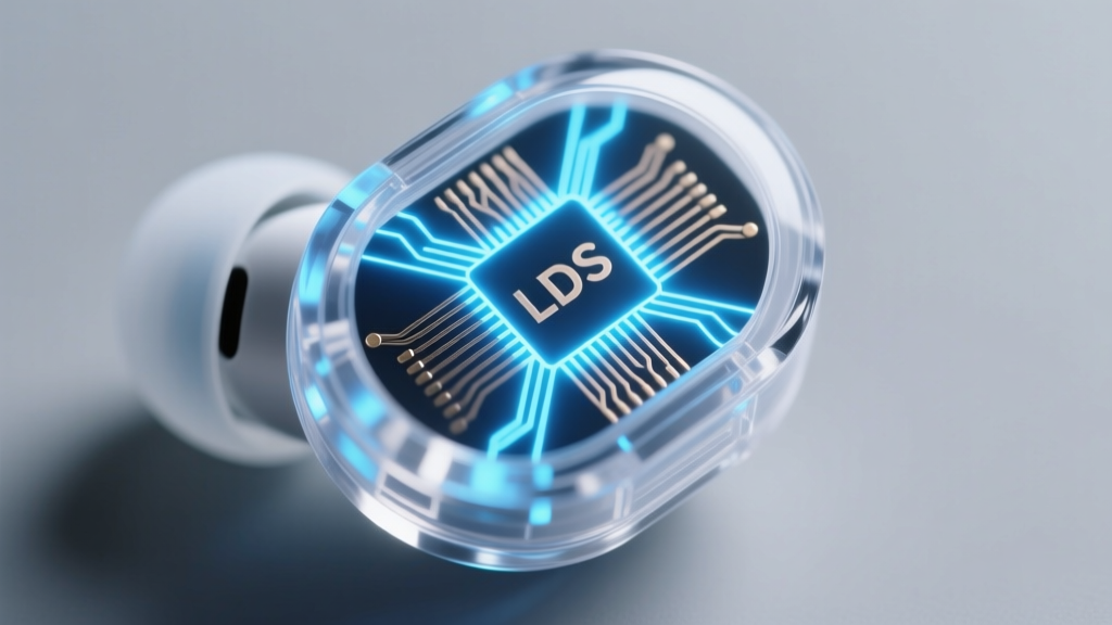 Close-up macro shot of a laser-etched LDS antenna grid embedded inside a crystal-clear TWS earbud shell, illuminated by a soft blue backlight.