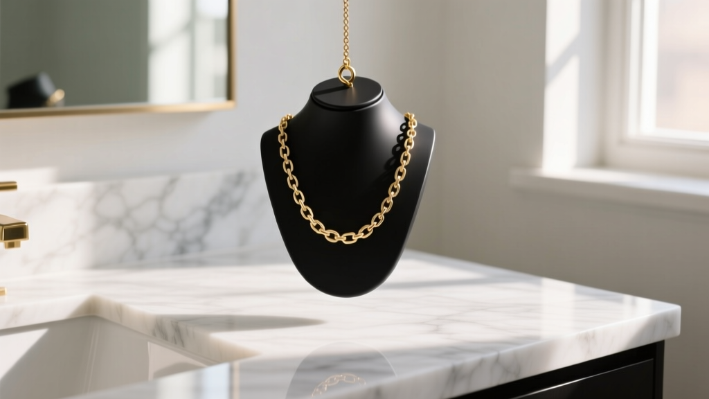 Matte black PETG 3D print necklace holder displaying a delicate gold chain on a marble vanity with soft morning light