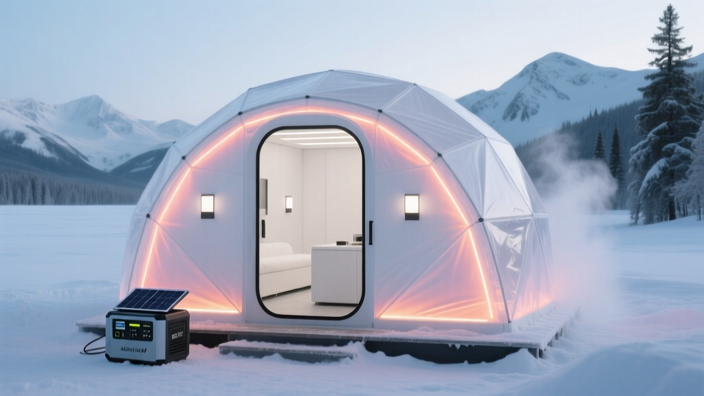 Interior of an insulated pop-up ice shelter illuminated by LED lights powered by a portable solar-charged lithium power station