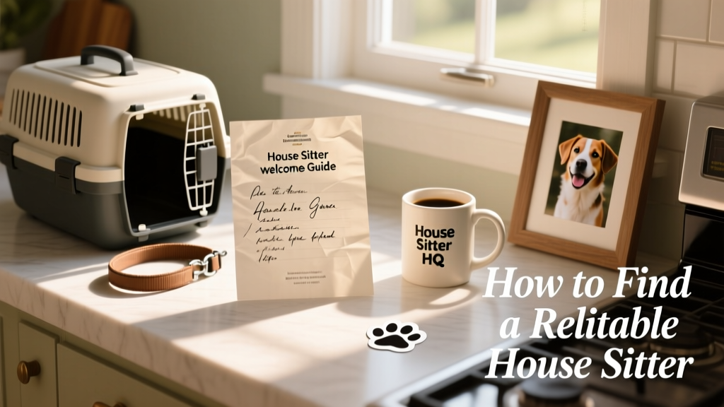 A neatly organized printed house sitter welcome guide with handwritten notes, placed beside a pet carrier and leash on a kitchen counter