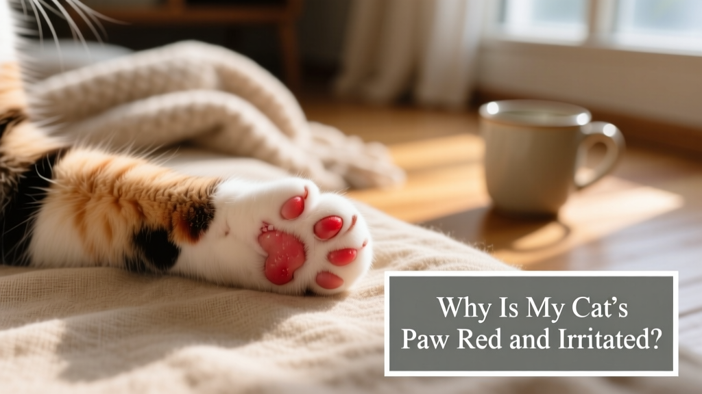 Close-up of a cat's front paw showing reddened, slightly swollen footpads