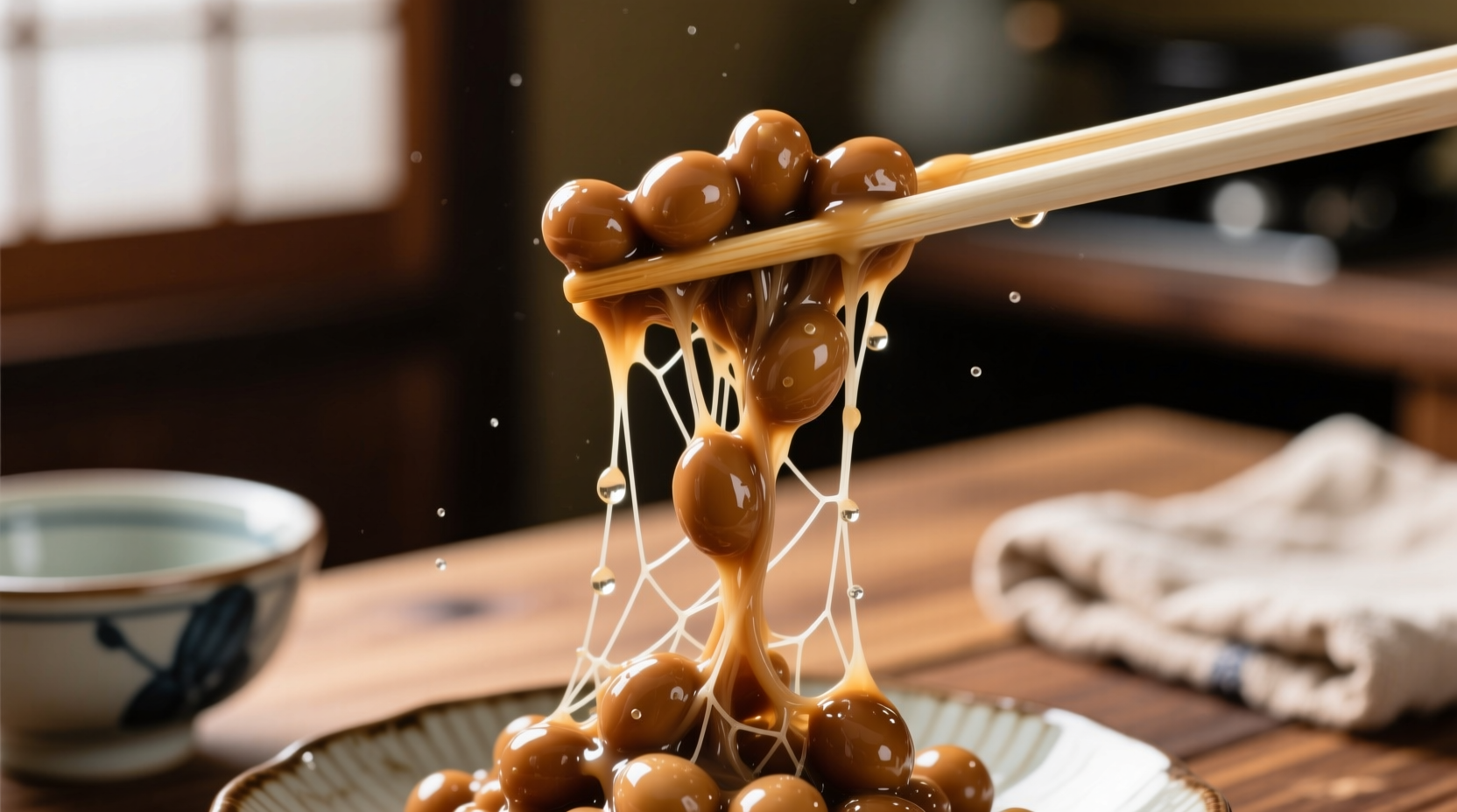 Close-up of natto's sticky texture with chopsticks