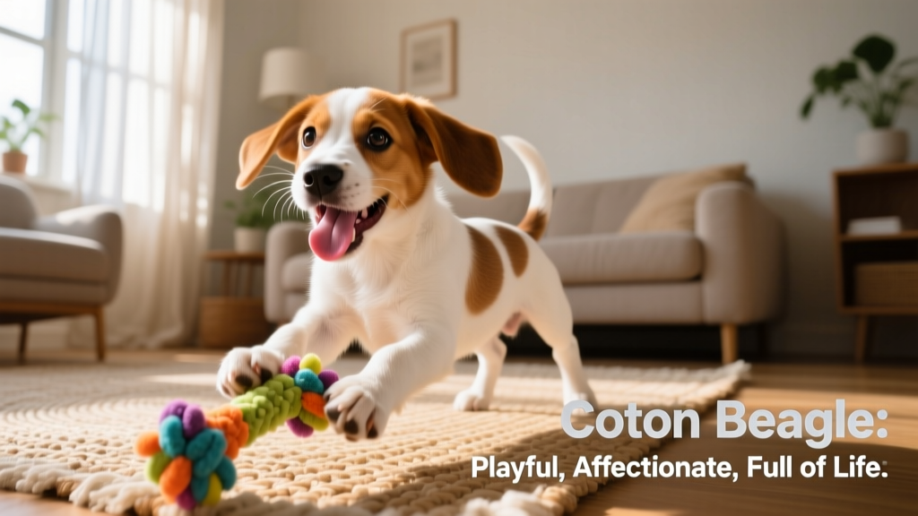 A Coton Beagle puppy playing with a chew toy indoors, showing its joyful, energetic personality