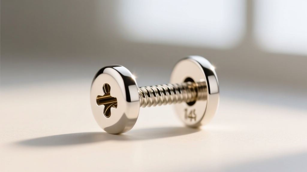 Macro photography of a 14k white gold earring post with a rhodium-plated finish and a secure screw-back threading mechanism.