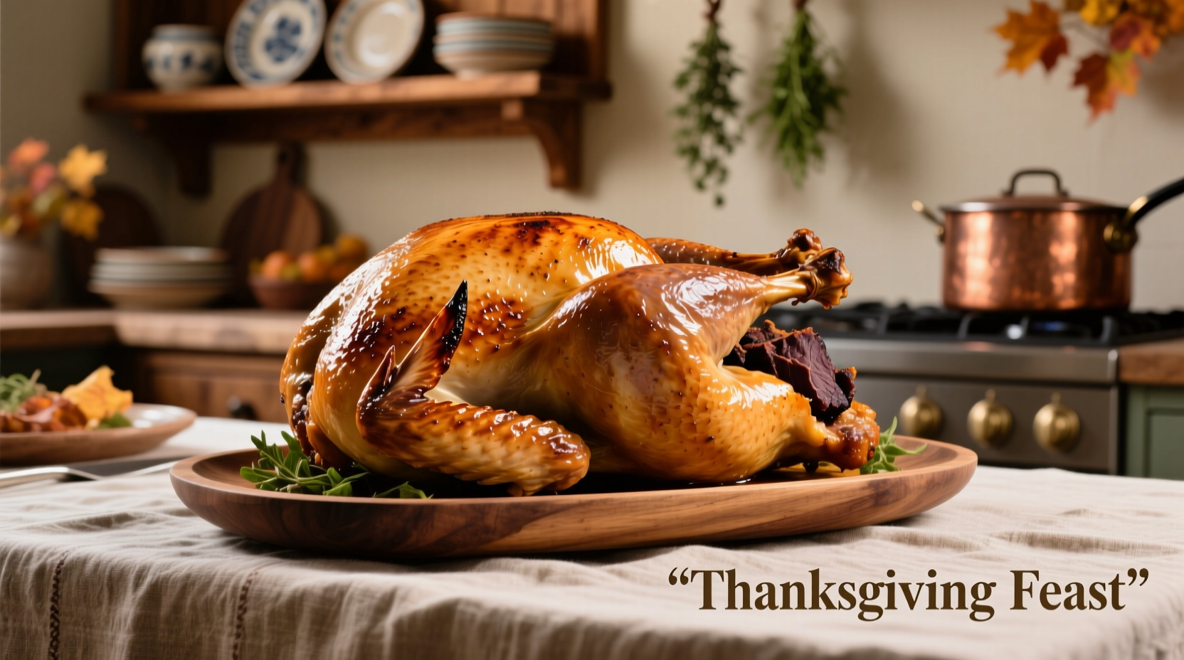 Perfectly roasted golden brown turkey on a platter