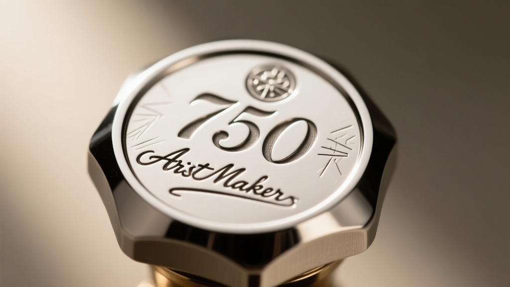 Extreme macro photography of a 750 hallmark and a maker's mark stamped inside the shank of a polished white gold wedding band