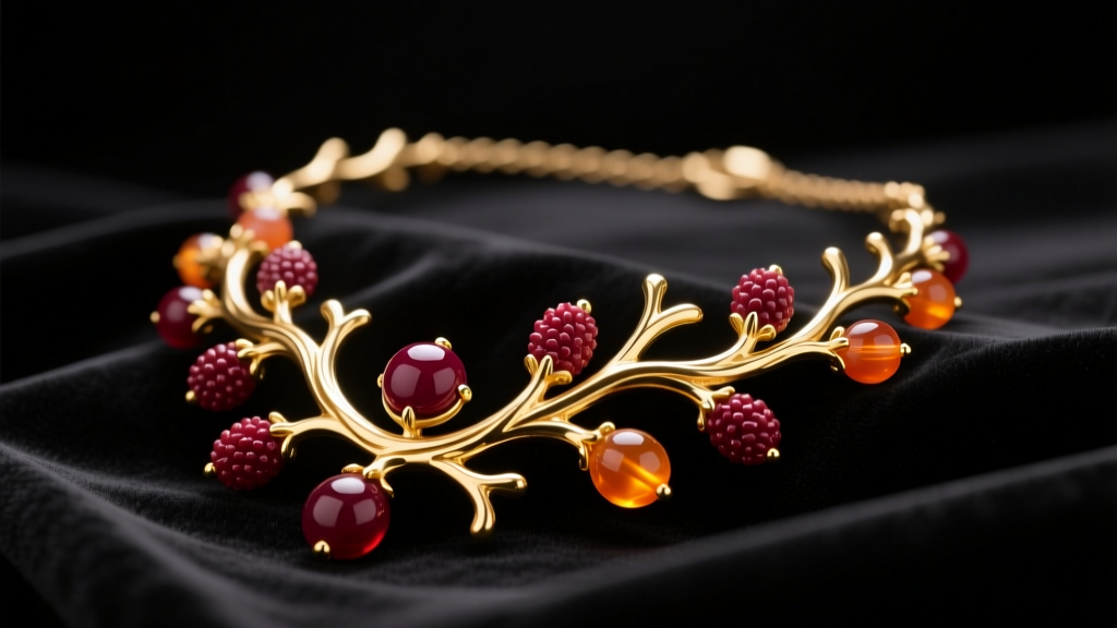 Vintage oxblood branch coral necklace in 14k gold resting on dark velvet fabric under soft directional studio lighting