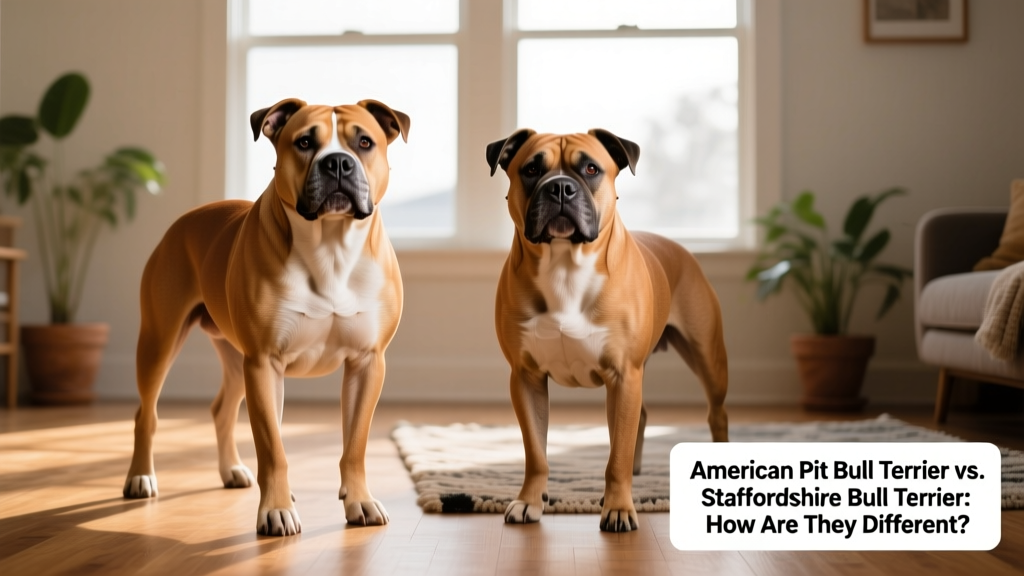 Side-by-side comparison showing the muscular build and blocky head shape of both breeds