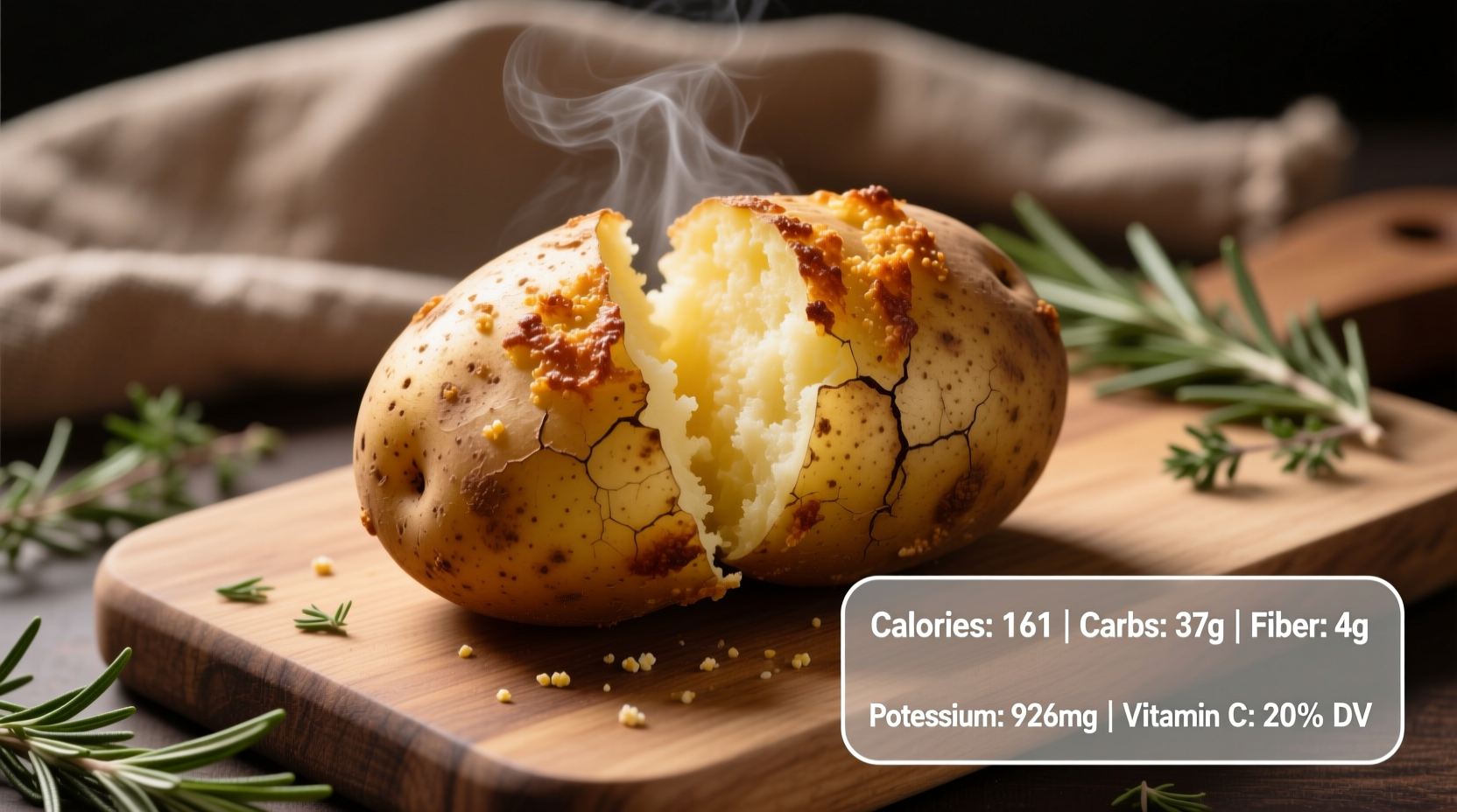 Baked Russet potato with skin showing nutritional components