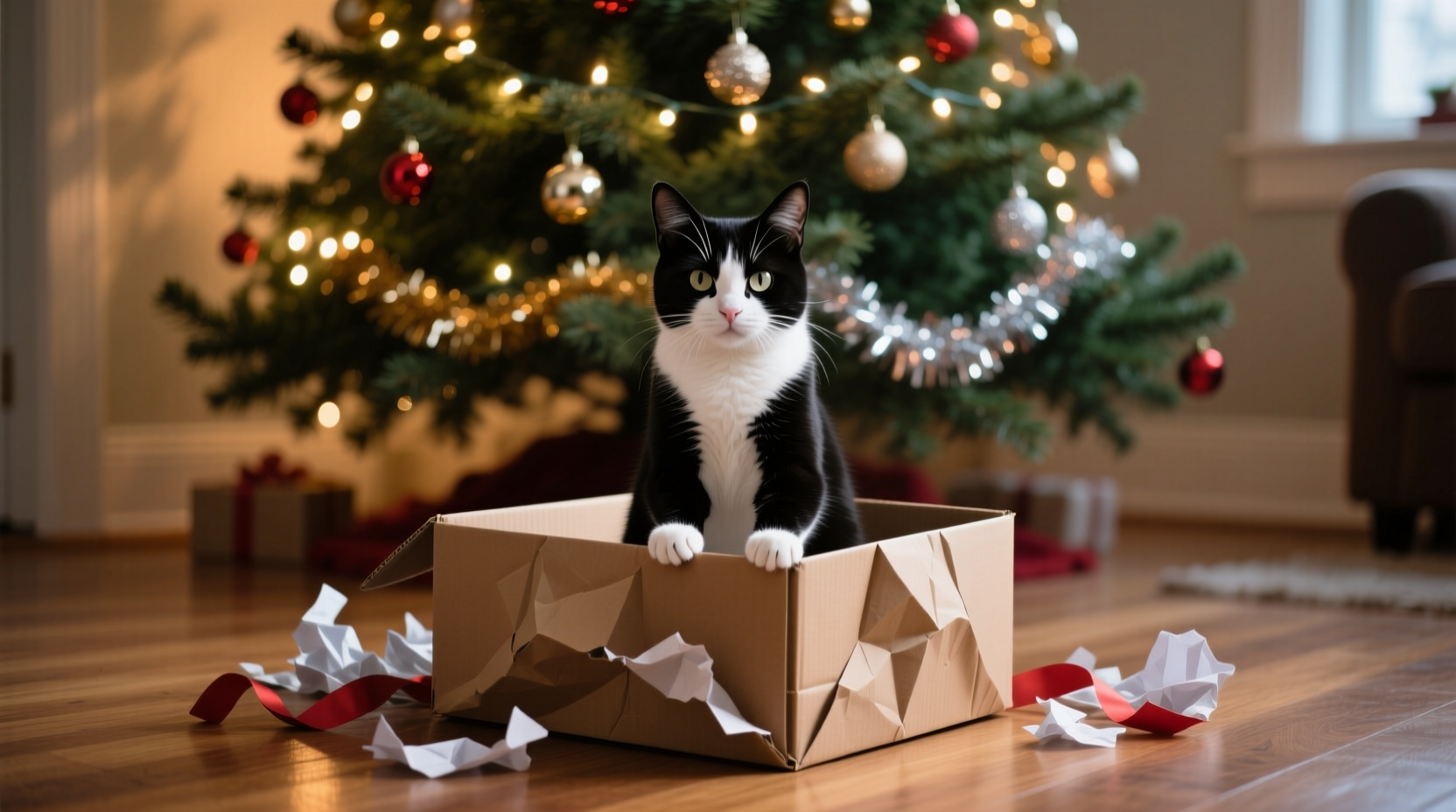 why does my cat sit in the empty christmas box instead of the tree
