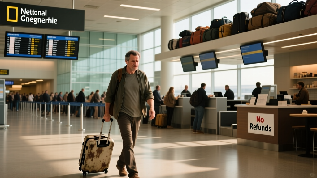 A man walking through an airport pulling his luggage