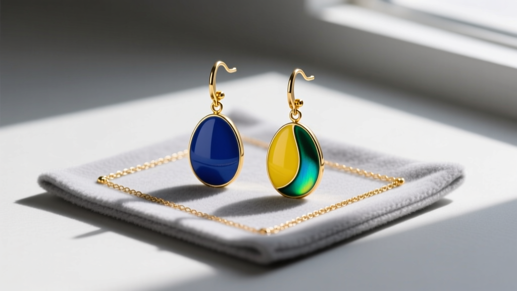 Flat lay of vibrant Roxanne Assoulin enamel and gold-plated brass drop earrings resting on a grey microfiber jewelry cleaning mat