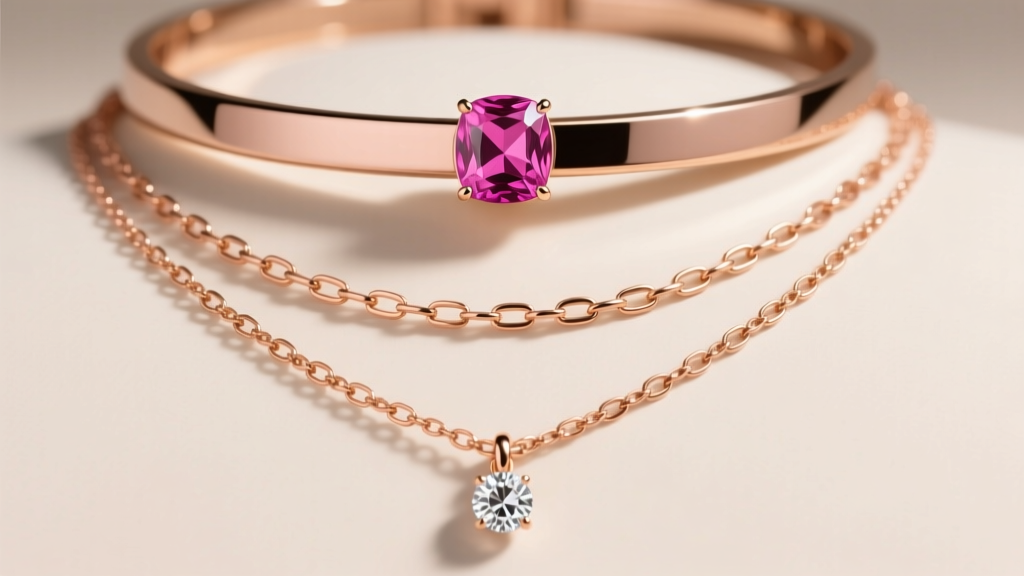 Layered necklaces showing 16-inch choker with pink sapphire station and 18-inch rose gold paperclip chain with diamond drop.