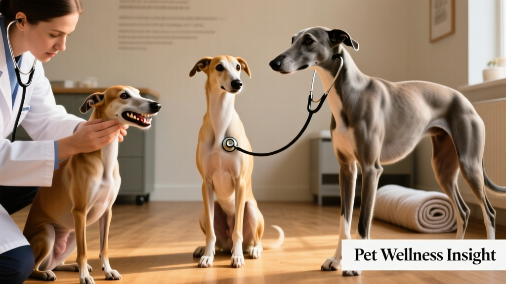 Close-up of a veterinarian gently examining an Italian Greyhound's teeth, a Whippet undergoing a heart checkup, and a Greyhound receiving a joint mobility assessment
