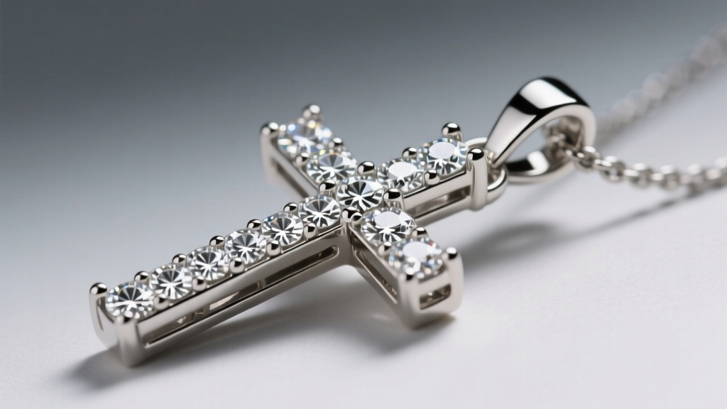 Macro shot of a platinum east-west cross pendant with micro-pave diamonds, highlighting prong settings and the side-soldered bail.