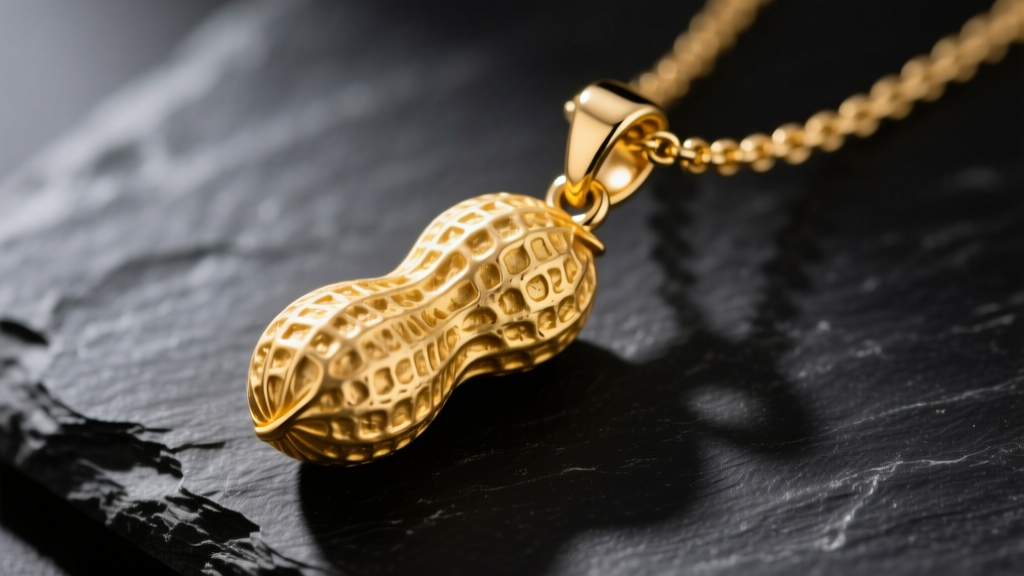 Macro photo of a solid 14k yellow gold peanut pendant necklace on dark slate, highlighting textured shell and soldered bail.