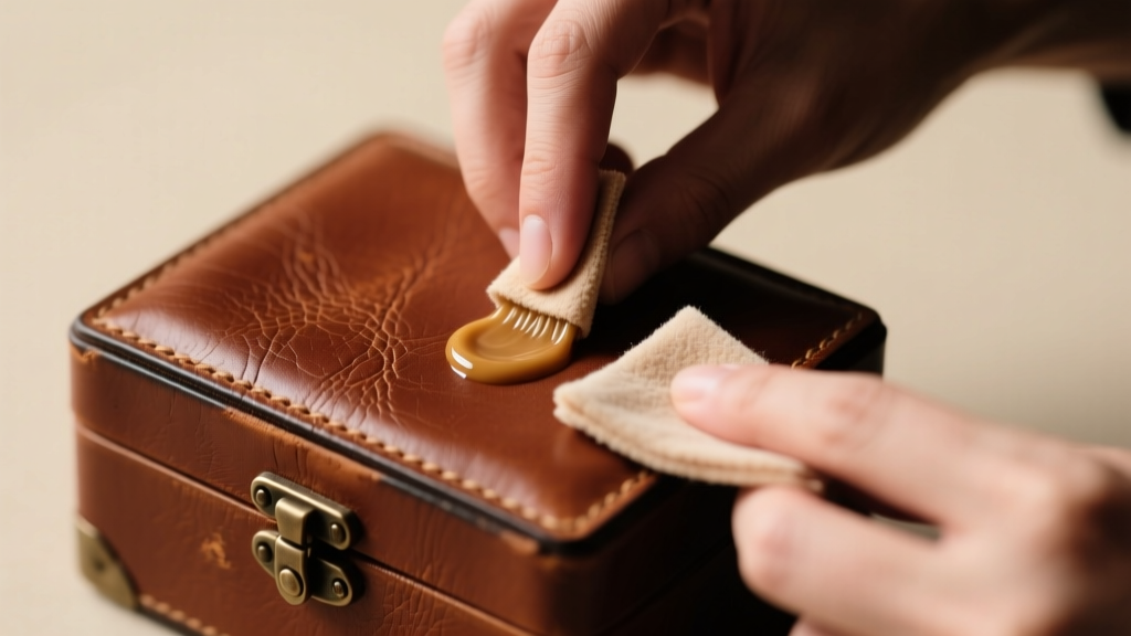 Hands gently applying leather conditioner with a microfiber cloth onto a vintage cognac brown leather jewelry box in soft lighting.