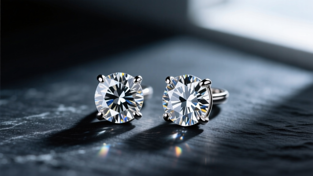 Macro photography of 0.3 ct diamond earrings in platinum martini settings, showcasing brilliant light refraction on dark slate