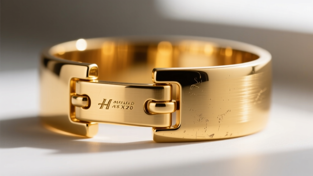Macro photo comparing the warm hue of an 18k gold cuff clasp against the slightly paler, durable 14k gold alloy hinge detail