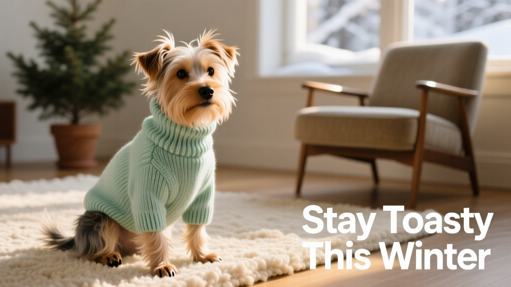 Close-up of a small terrier wearing a mint green mock-neck bubble-knit sweater, sitting on a wool rug