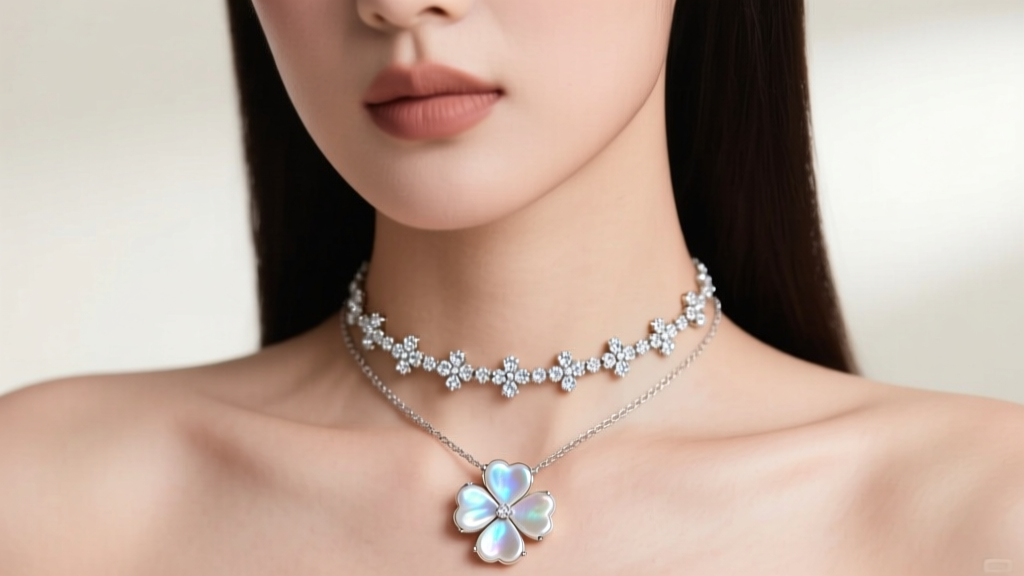 Close-up portrait of a woman layering a 15mm mother of pearl clover pendant with a 9mm diamond-paved sweet clover choker