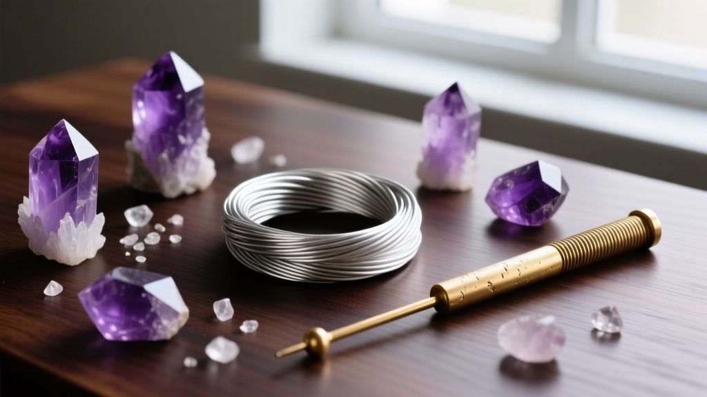 Flat lay of artisan tools featuring half-hard sterling silver wire, raw amethyst crystals, and a brass mandrel on dark oak wood.