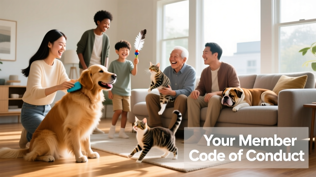 Diverse group of pet lovers smiling and interacting with dogs and cats in a sunlit living room