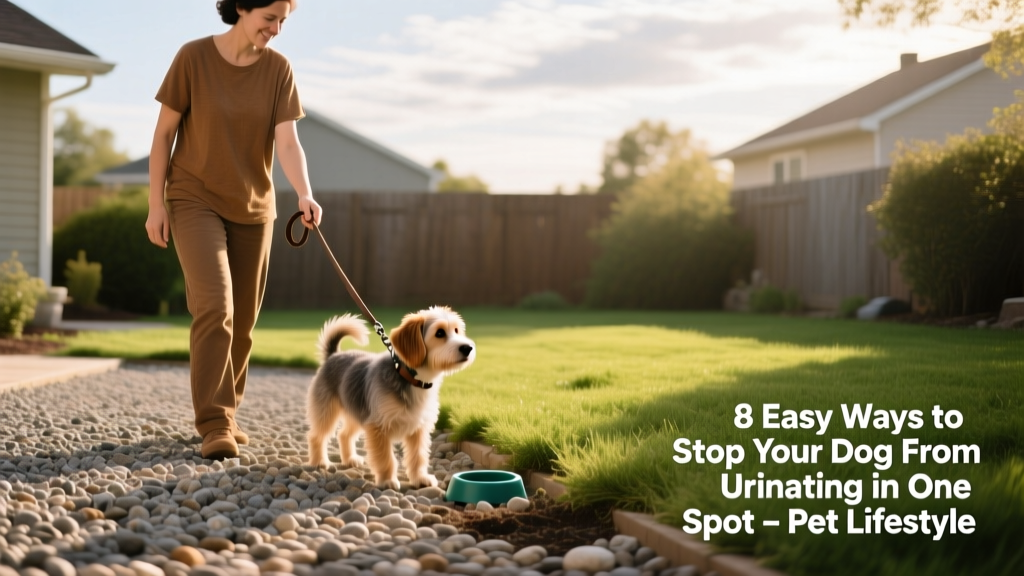 A person gently guiding a small dog on a leash toward a gravel patch in a backyard
