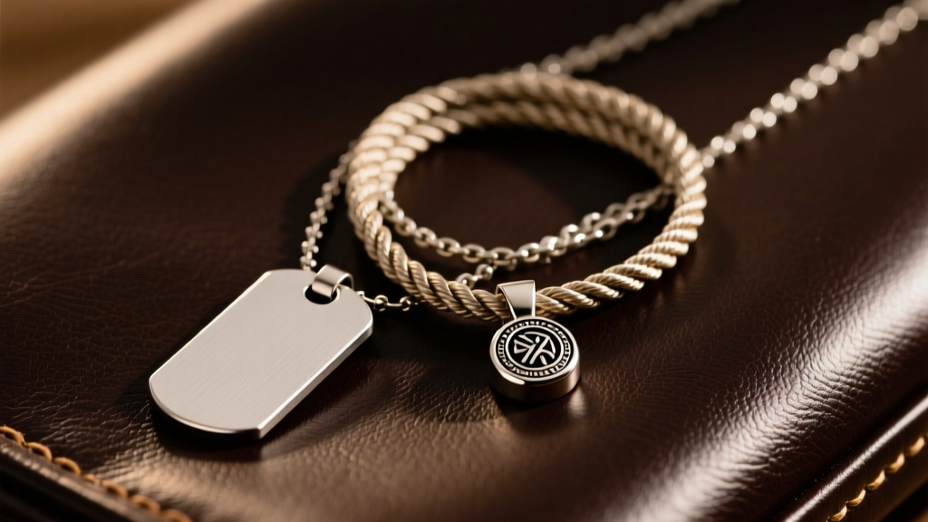 Flat lay of a mens necklace stack on dark leather with a titanium dog tag, rope chain, and small signet pendant in warm light
