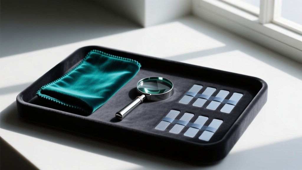 Organized jewelry care kit with microfiber polishing cloth, anti-tarnish strips, and magnifying loupe on a dark velvet tray