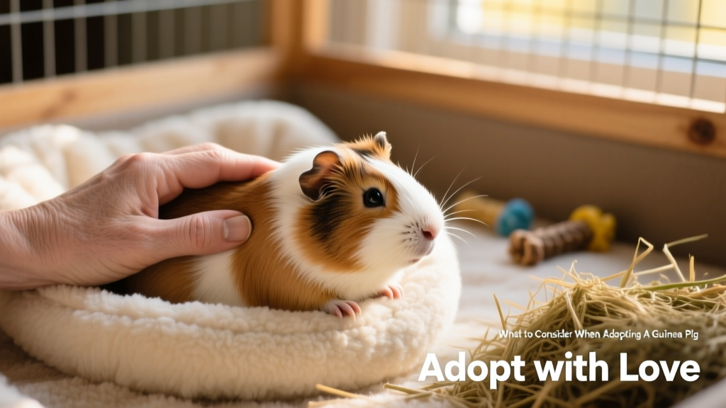 A calm guinea pig being gently held and stroked by a hand, with soft fleece bedding and a small hay pile visible in the background
