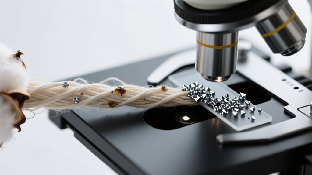 Microscope view comparing woven treated cotton fibers and dense microfiber wedges trapping dark silver sulfide tarnish particles