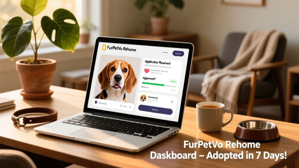 A laptop screen showing the FurPetVo Rehome dashboard with a Beagle's profile photo and adopter applications