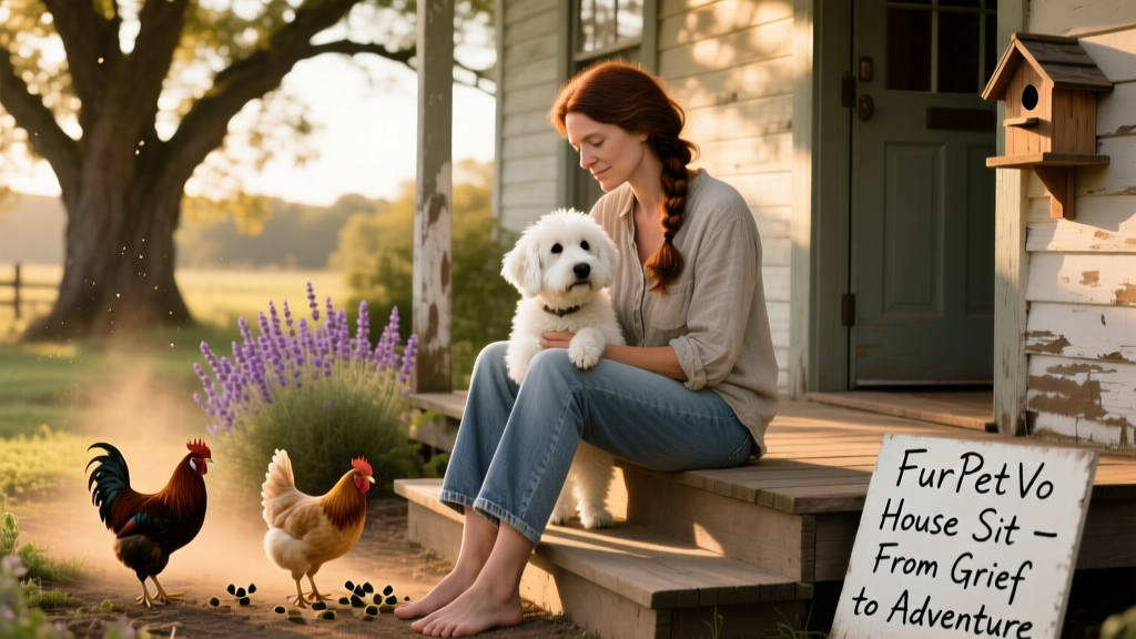 Sonja relaxing with dogs and chickens during a FurPetVo house sit