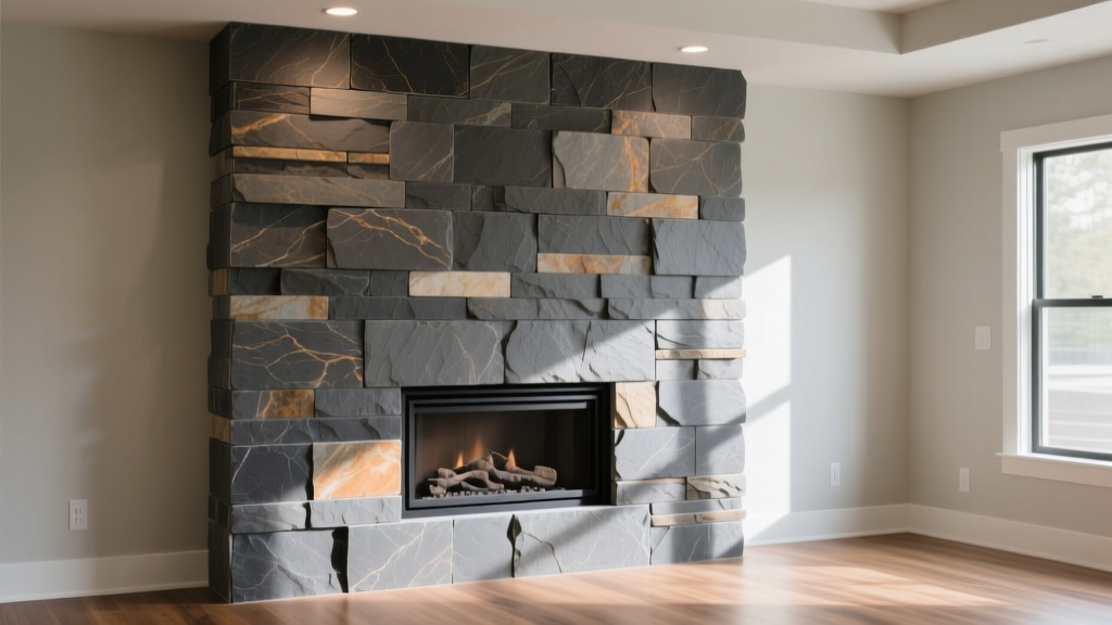Interlocking polyurethane indoor stone veneer panels in stacked ledgerstone style being applied to a modern drywall fireplace surround