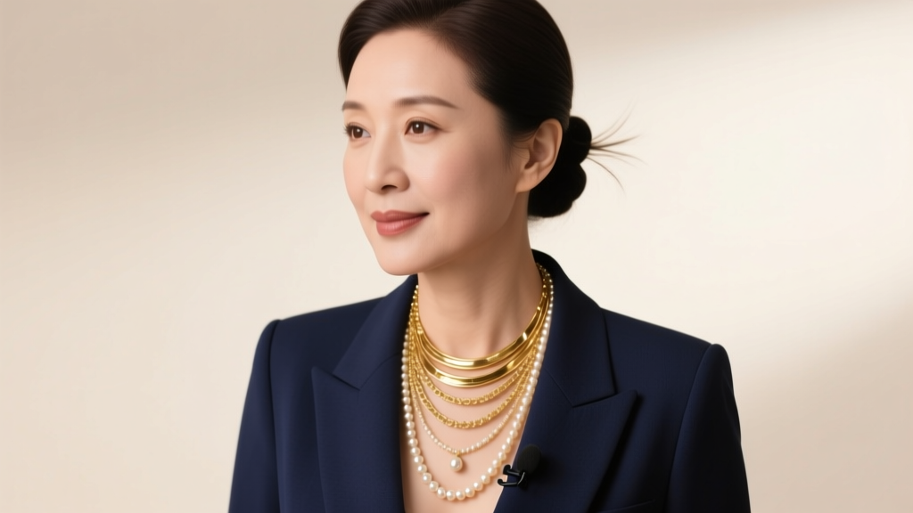 Broadcast journalist wearing layered 14k gold fill and pearl necklaces over a navy blazer under soft, diffused studio lighting setup