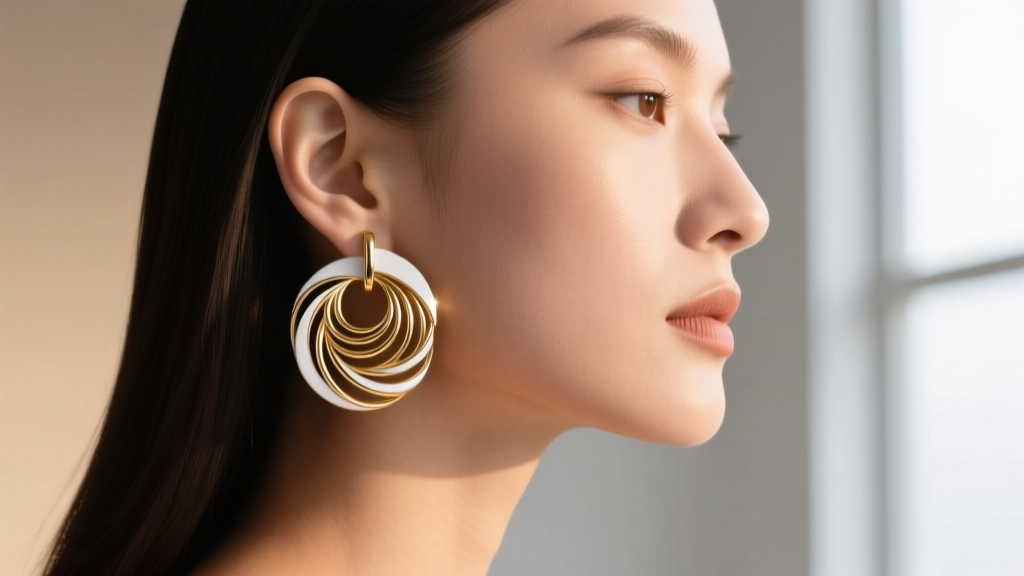 Side profile of a model wearing B.zero1 18k white gold hoop earrings, highlighting the architectural coil structure on the ear